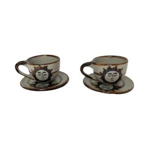 Tonala Sun Motif Cup and Saucer Mexican Pottery set of 2